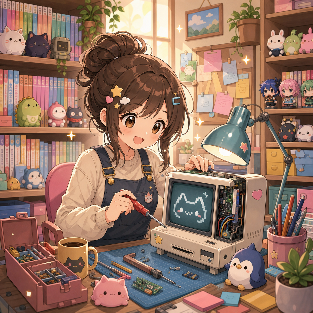 Ilustracion anime kawaii de una asistente reparando una computadora de tienda