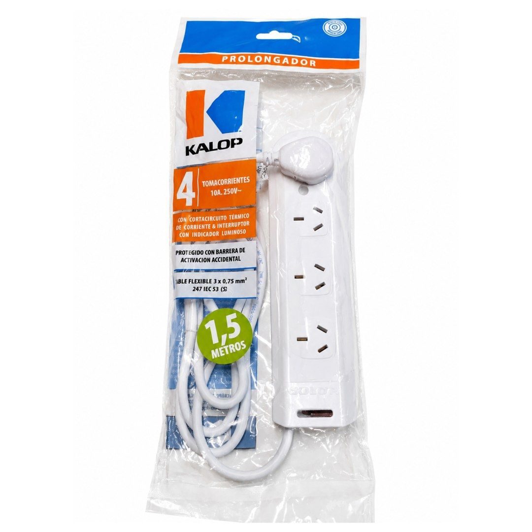 Zapatilla 4 bocas Kalop (termica, cable 1.5m, 10A)