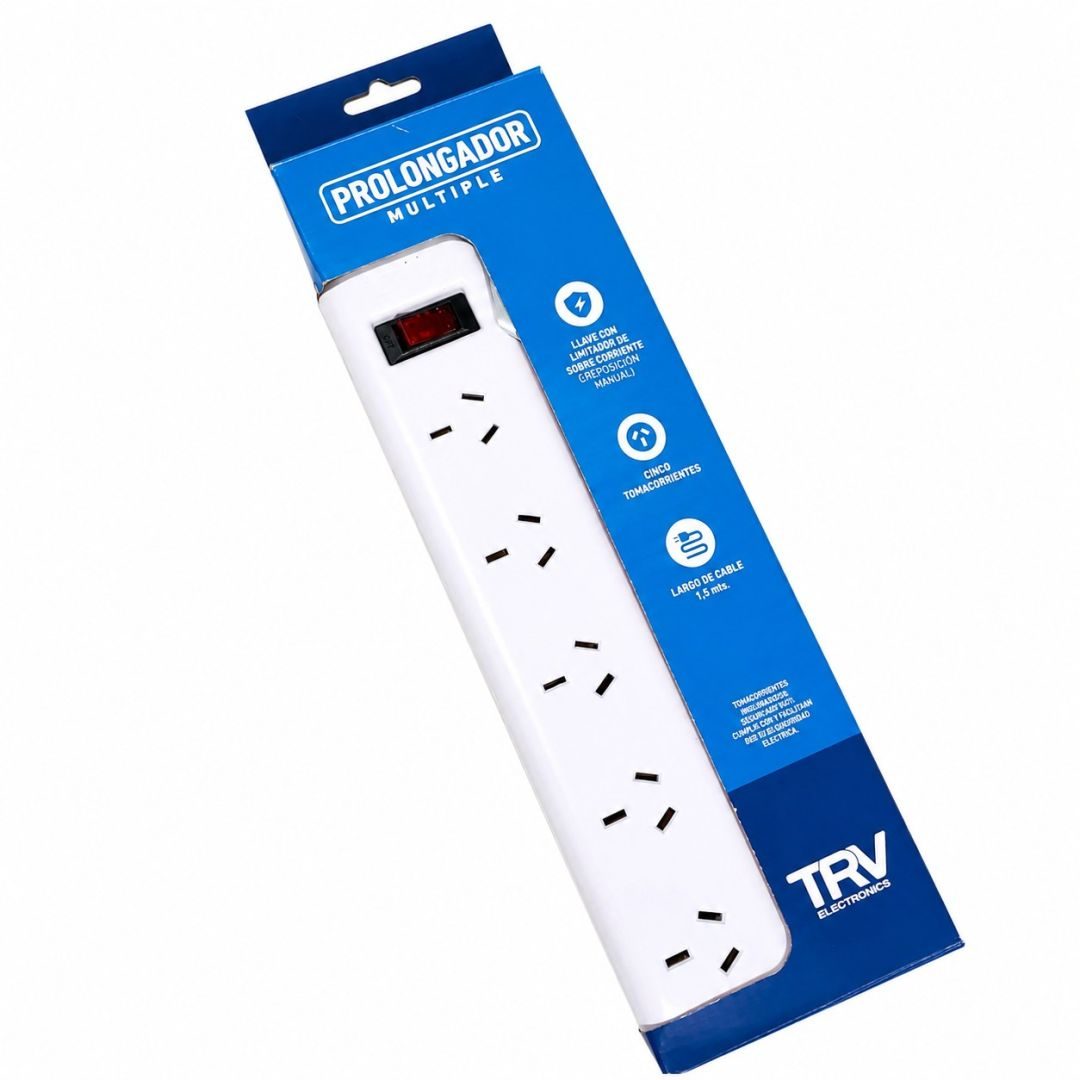 Zapatilla 5 bocas TRV (termica, cable 1.5m, 10A)